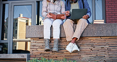 Buy stock photo Break, legs and students with laptop, books and knowledge on lunch to relax in university campus. Friends, school and people in college with sneakers, shoes and diary with scholarship and opportunity