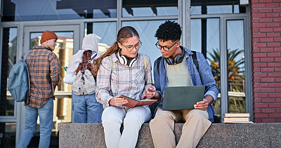 Buy stock photo Education, friends and reading in campus, laptop and collaboration for research or communication with tech. Digital, online and outdoor at college, students and people with book, learning or backpack