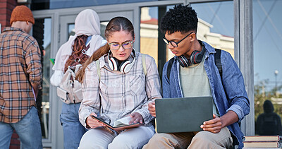 Buy stock photo Education, friends and notebook in campus, laptop and collaboration for research or communication with tech. Happy, online and outdoor at college, students and people with smile, learning or backpack