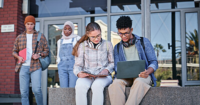 Buy stock photo Education, friends and studying in campus, laptop and collaboration for research or communication with tech. Happy, online and outdoor at college, students and people with smile, learning or backpack