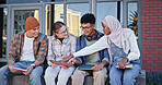 Students, books and outdoor on campus for conversation, talking and share knowledge on module. People, friends and outside for group project discussion, textbook and together for university gossip