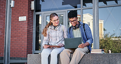 Buy stock photo Outdoor, happy or students studying for learning, opportunity or assessment project in university campus. Friends, people or learners with research online for school results, education or scholarship
