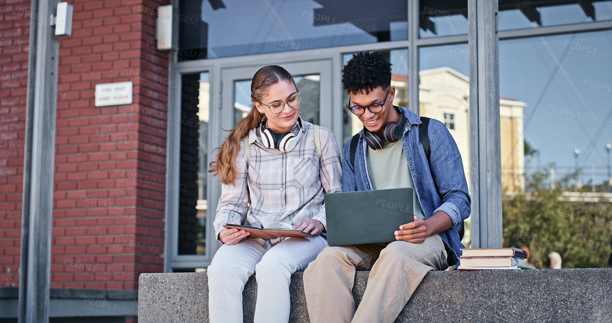 Buy stock photo Outdoor, happy or students studying for learning, opportunity or assessment project in university campus. Friends, people or learners with research online for school results, education or scholarship