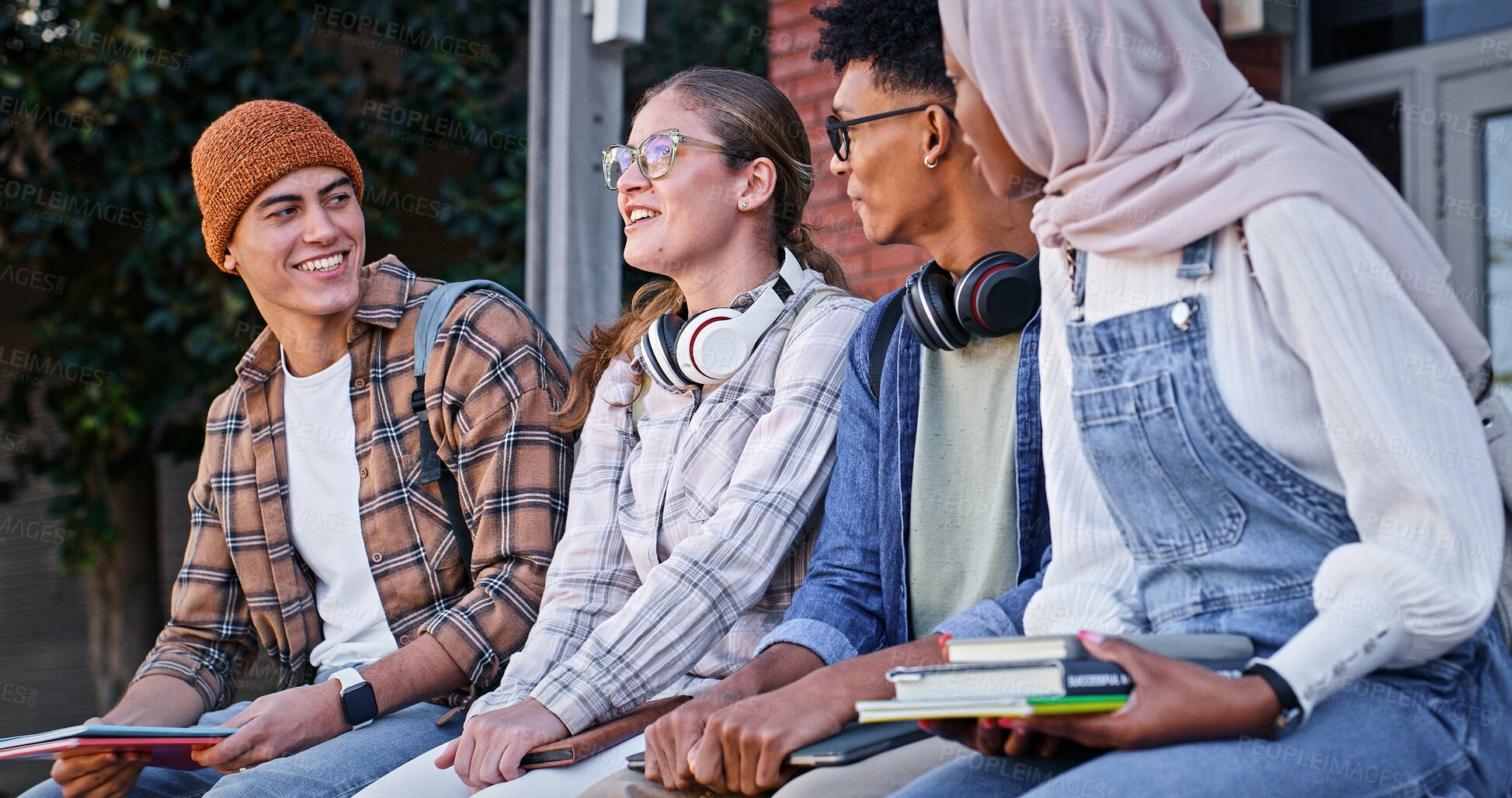 Buy stock photo College, students and relax outdoor on campus with university talk, conversation and happy for education. Friends, smile and people with learning, support and study group for scholarship or knowledge