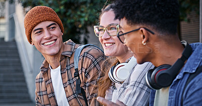 Buy stock photo Students, college and outdoor on campus for conversation, talking and share knowledge on module. People, friends and outside for group project discussion, speaking and together for university gossip