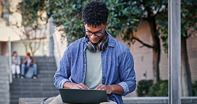 Buy stock photo Man, student and typing with laptop outdoor for university project, research and information of education. Smile, male person and glasses with digital for online learning, exam results and studying