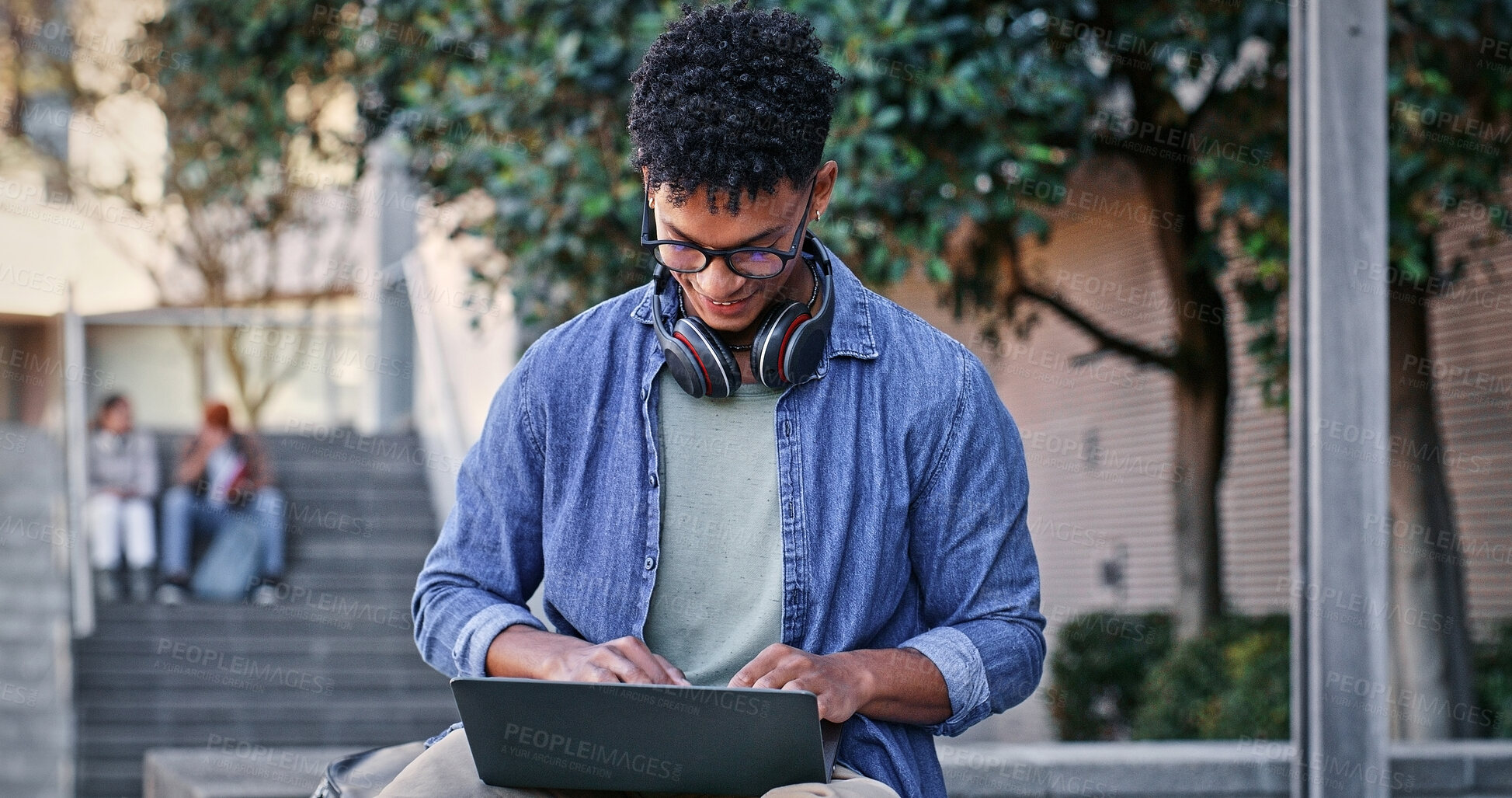 Buy stock photo Man, student and typing with laptop outdoor for university project, research and information of education. Smile, male person and glasses with digital for online learning, exam results and studying