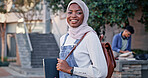 University, walking and portrait of Islamic woman with smile, backpack and confidence for education. Culture, campus and happy college student in hijab on morning commute for learning in Rwanda
