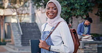 Buy stock photo University, walking and portrait of Islamic woman with smile, backpack and confidence for education. Culture, campus and happy college student in hijab on morning commute for learning in Rwanda