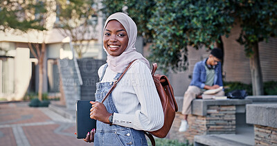 Buy stock photo College, walking and portrait of Islamic woman with smile, backpack and outdoor travel for education. Culture, campus and happy university student in hijab on morning commute for learning in Rwanda