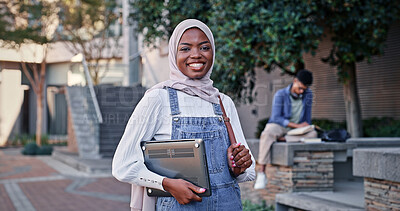 Buy stock photo University, campus and portrait of Muslim girl with smile, backpack or confidence for education. Islamic culture, equality and happy college student in hijab on morning commute for learning in Rwanda