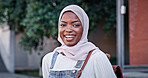 Muslim, woman and portrait on campus at university with smile, backpack and opportunity in education. Culture, equality and happy college student in hijab on morning commute for learning in Rwanda