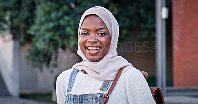 Buy stock photo Muslim, woman and portrait on campus at university with smile, backpack and opportunity in education. Culture, equality and happy college student in hijab on morning commute for learning in Rwanda