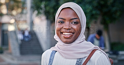 Buy stock photo Muslim, girl and portrait on campus at university with smile, backpack and opportunity in education. Culture, equality and happy college student in hijab on morning commute for learning in Rwanda