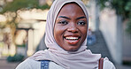 Muslim, woman and portrait on campus at college with smile, backpack and opportunity in education. Culture, equality and happy university student in hijab on morning commute for learning in Rwanda