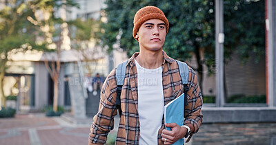 Buy stock photo Man, morning commute or college student walking to class for learning, future or study in university campus. Travel, leaving or learner with book or confidence for school, education or scholarship