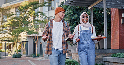 Buy stock photo University students, walking and outdoor on campus for conversation, talk and share knowledge on module. People, friends and outside for project discussion, study and together for trip to class
