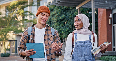 Buy stock photo College students, outdoor and walking to class together, talking and share knowledge on module. People, friends and outside for project discussion, learning and study books for education assignment