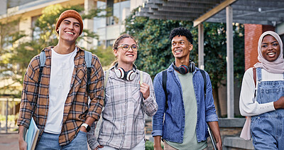 Buy stock photo Students, talking and walking to university class, education and share knowledge on module. People, friends and outside for group project discussion, study and together for trip to college lecture