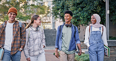 Buy stock photo Students, group and walking to university class, talking and share knowledge on module. People, friends and outside for social project discussion, speaking and together for trip to college class