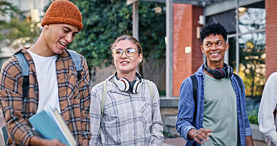 Buy stock photo Students, education and walking to university class, talking and share knowledge on module. People, friends and outside for group project discussion, study and together for trip to college class