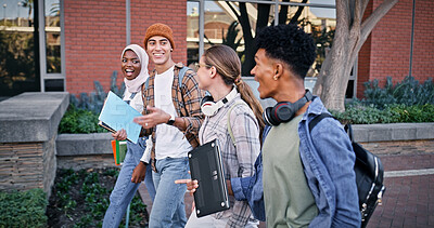 Buy stock photo Friends, group and walking to college class, talking and share knowledge on module. People, learners and outside for social project discussion, speaking and together for trip to university lesson