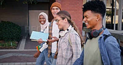 Buy stock photo University, students and walking outdoor on campus with college talk, conversation and laughing for joke. Friends, group and people with learning, break and communication for scholarship or knowledge