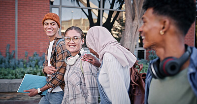 Buy stock photo College, students and walking outdoor on campus with university talk, conversation and laughing for joke. Friends, group and people with learning, break and communication for scholarship or knowledge