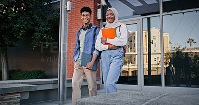 Buy stock photo Muslim, portrait or students walking in college to class for learning, future or studying in university. Diversity, smile or happy people with books or confidence for school, education or scholarship