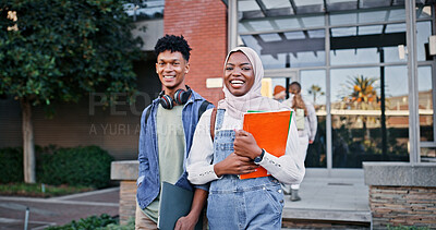 Buy stock photo Islamic, portrait or friends with smile in college for learning, degree or studying in university campus. Diversity, open or happy students with book or confidence for school scholarship or education