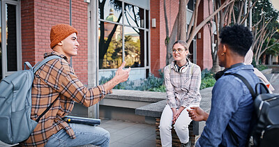 Buy stock photo College, students and relax outdoor on campus with university talk, conversation and happy for education. Friends, circle and people with backpack, break and study group for scholarship and knowledge