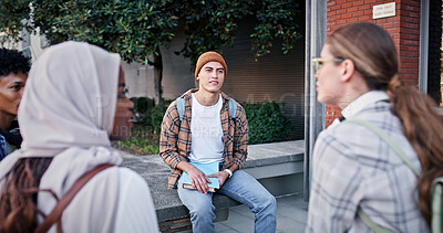 Buy stock photo University, students and relax outdoor on campus with college talk, conversation and happy for education. Friends, circle and people with learning, break and study group for scholarship and knowledge