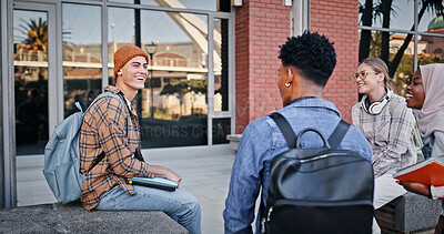 Buy stock photo College, students and laughing outdoor on campus with university talk, conversation or happy for education. Friends, circle and people with learning, break or study group for scholarship or knowledge
