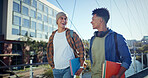 Walking, students and men with education, talking and funny with humor, joke and learning. Campus, happy people and friends with smile, university and joyful with conversation, knowledge and college