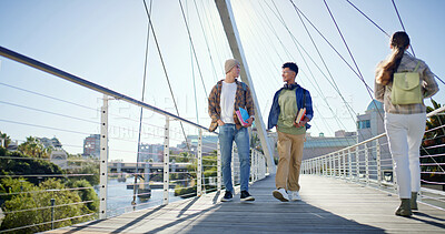 Buy stock photo Student, future and friends with people and books for education, learning and knowledge. University, academy and youth development with men at college campus for scholarship, school and studying
