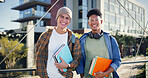 University, guy friends and portrait of students on outdoor bridge with notebook, happy and together at college. Backpack, smile and morning with textbook and education in New York with learning
