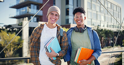Buy stock photo University, guy friends and portrait of students on outdoor bridge with notebook, happy and together at college. Backpack, smile and morning with textbook and education in New York with learning