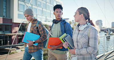 Buy stock photo Students, books and walking on campus for class, bonding and social in morning. People, happy and talk at university for education, learning or friendship at academy with opportunity for future plans