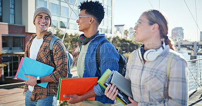 Buy stock photo Students, books and walking at university for class, bonding and social in morning. People, happy and talk on campus for education, learning or friendship at academy with opportunity for future plans