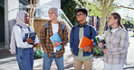 Diversity, learning and friends with people and books for future, education and knowledge. University, academy and youth development with students at college campus for scholarship, school and study
