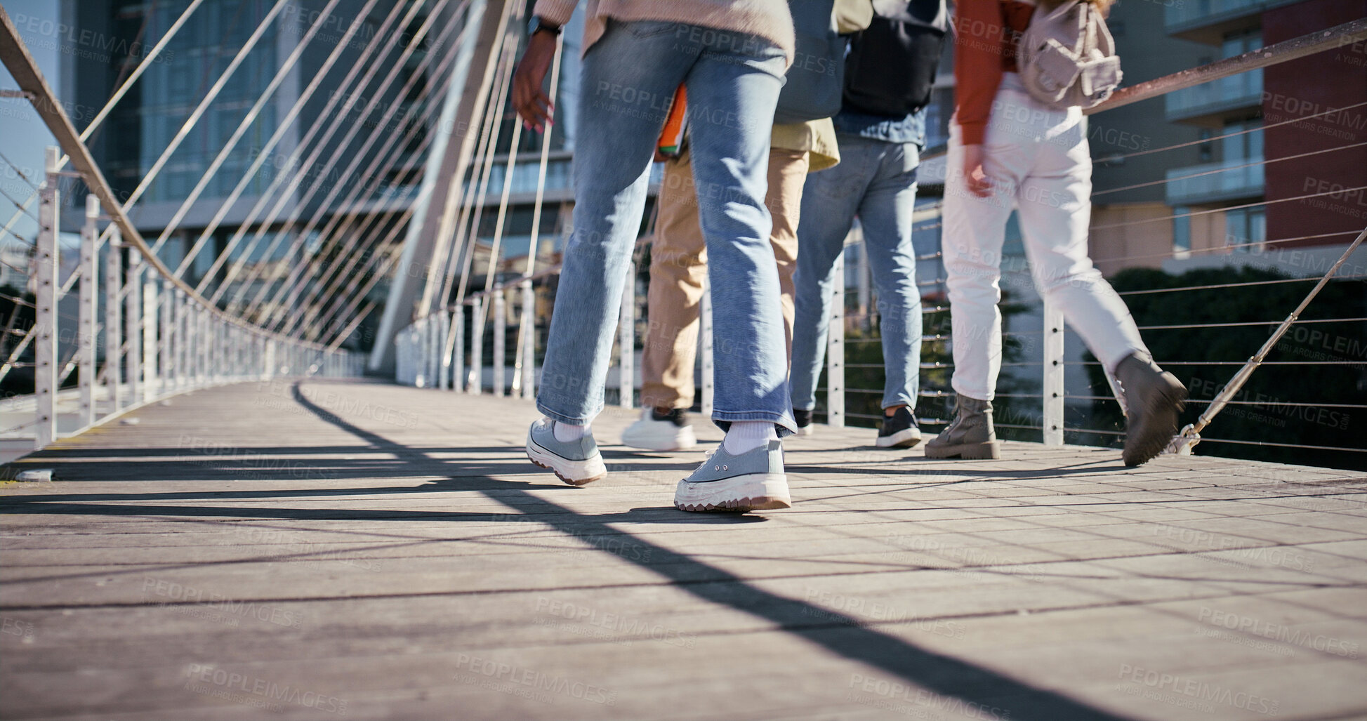 Buy stock photo Feet, college and friends with people and walking for education, learning and knowledge. University, academy and youth development with students on campus for scholarship, school and studying