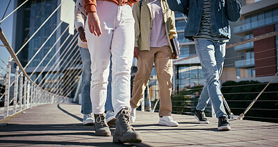 Buy stock photo Feet, education and friends with people and walking for college, learning and knowledge. University, academy and youth development with students on campus for scholarship, school and studying