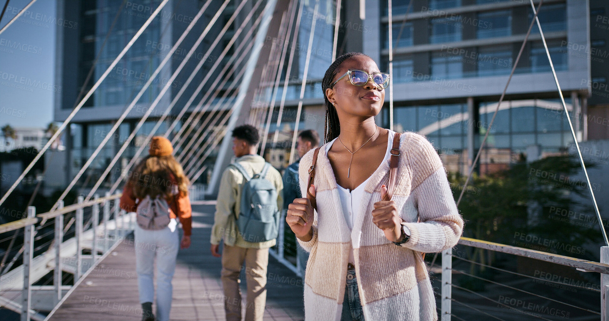Buy stock photo Student, education and thinking with woman and walking for learning, future and knowledge. University, inspiration and youth development with person at college for scholarship, vision and studying
