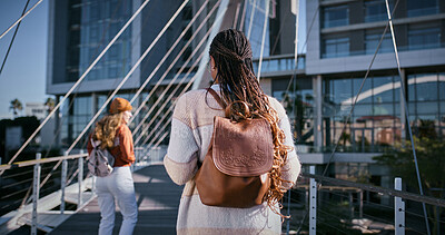 Buy stock photo Student, education and walking with back of woman for learning, future and knowledge. University, academy and youth development with person at college campus for scholarship, school and studying