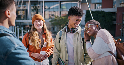 Buy stock photo Happy, group and friends as students outdoor for university break, laughing and comic discussion of reunion. Smile, people and college for education, bonding together and diversity of social learning