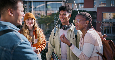 Buy stock photo Students, happy and talking at university for social, bonding and catch up in morning. People, laugh or joke on campus for education, storytelling or friendship at academy with opportunity for future