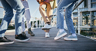 Buy stock photo Dance, celebration and excited with feet of people for music, hip hop and artist performance. Freedom, creative and urban with closeup of group of dancers in city for energy, summer and talent