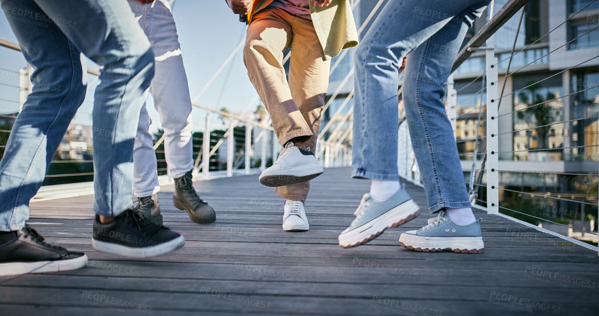 Buy stock photo Dance, celebration and excited with feet of people for music, hip hop and artist performance. Freedom, creative and urban with closeup of group of dancers in city for energy, summer and talent