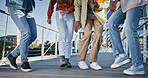 Dance, celebration and friends with feet of people for music, hip hop and artist performance. Freedom, creative and urban with closeup of group of dancers in city for energy, summer and talent