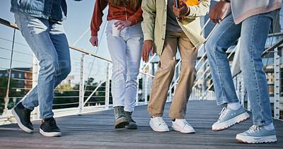 Buy stock photo Dance, celebration and friends with feet of people for music, hip hop and artist performance. Freedom, creative and urban with closeup of group of dancers in city for energy, summer and talent